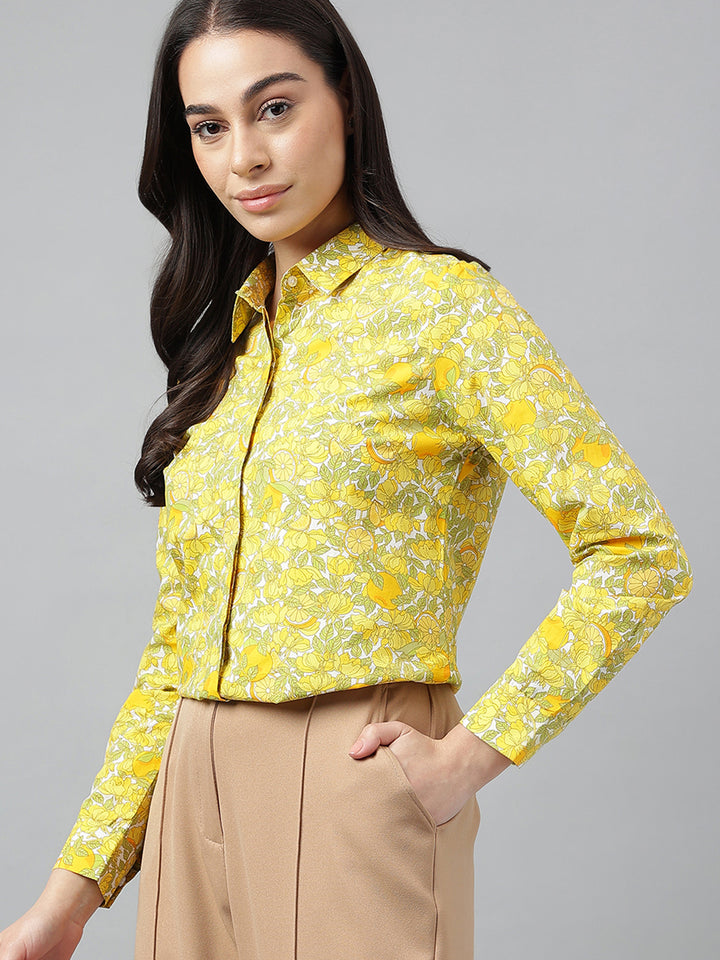 Women White & Yellow Prints Pure Cotton Regular Fit Formal Shirt