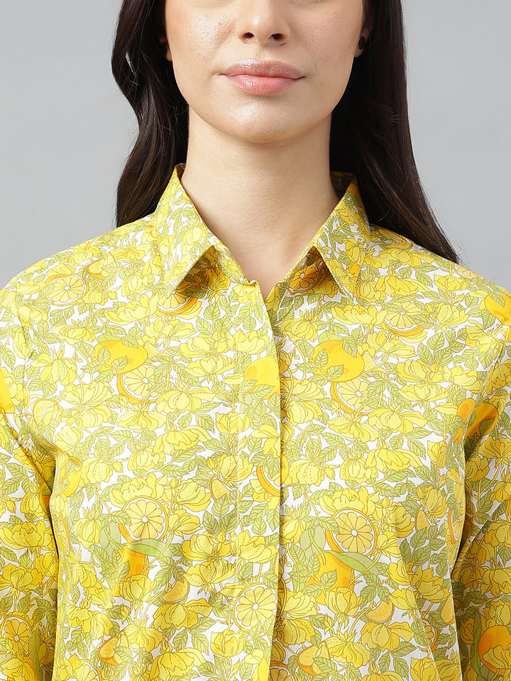 Women White & Yellow Prints Pure Cotton Regular Fit Formal Shirt