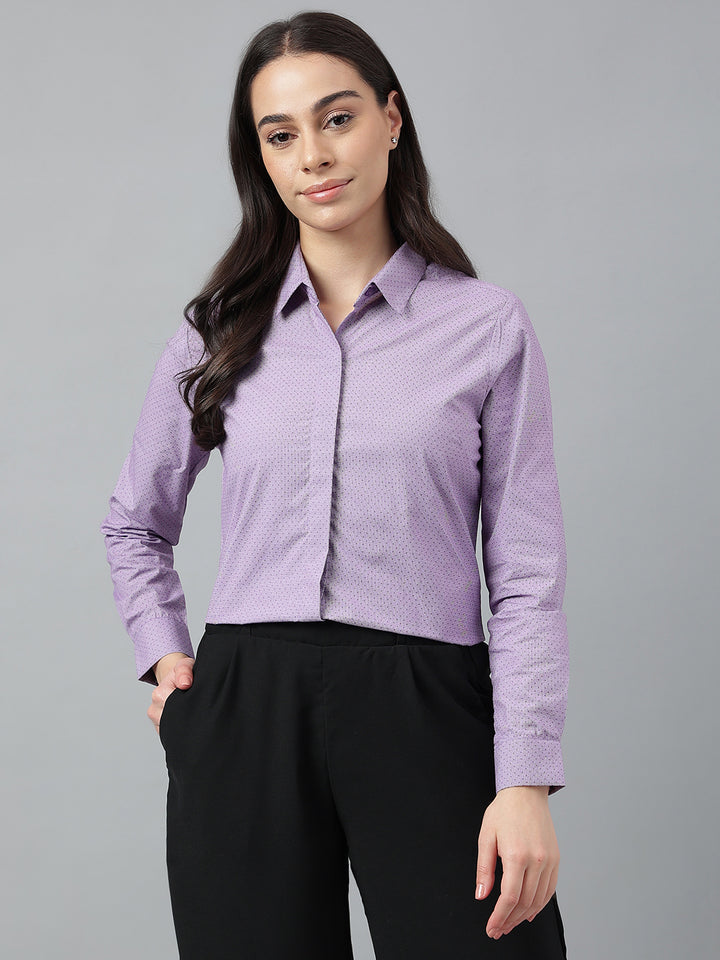 Women Purple & White Solid Pure Cotton Regular Fit Formal Shirt