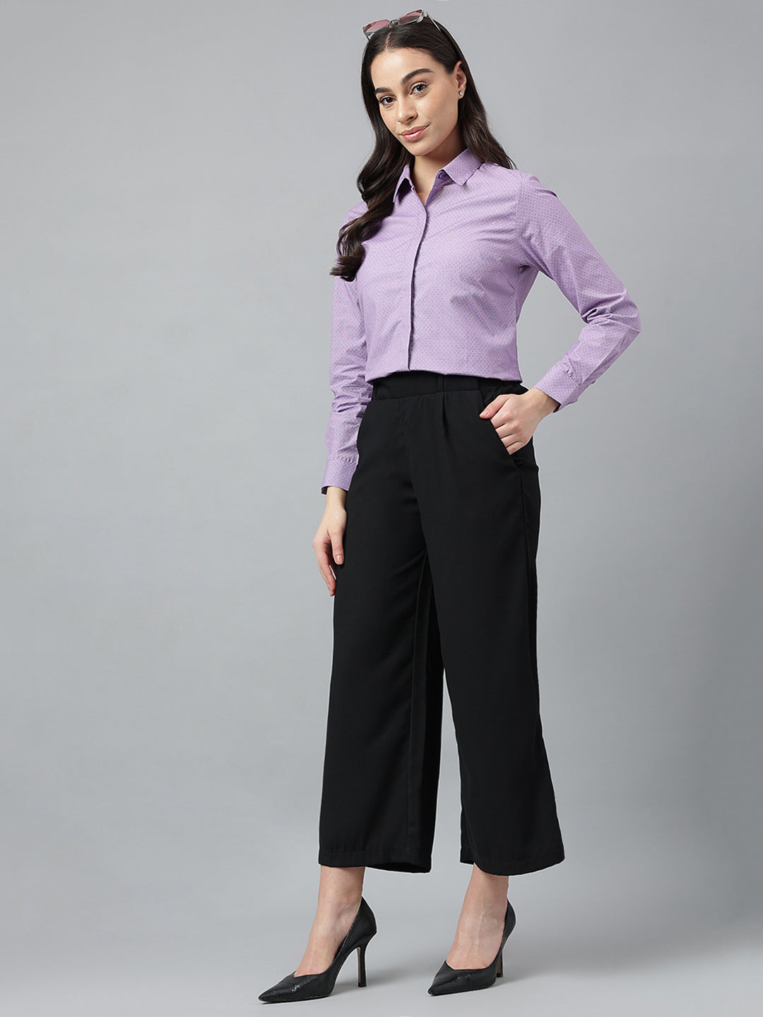 Women Purple & White Solid Pure Cotton Regular Fit Formal Shirt