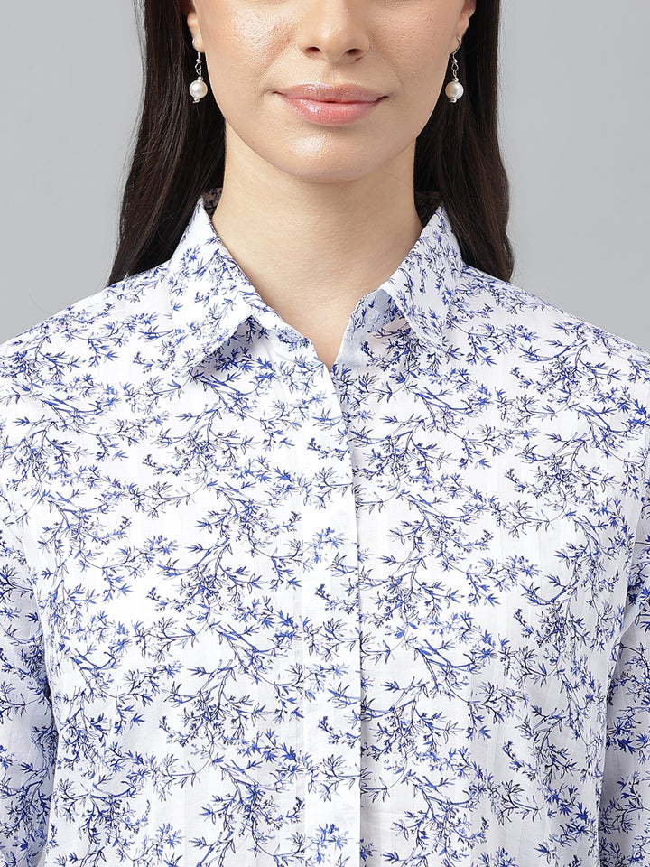 Women White & Blue Prints Pure Cotton Regular Fit Formal Shirt