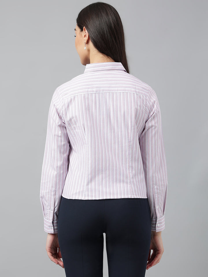 Women White & Blue Stripes Pure Cotton Regular Fit Formal Shirt
