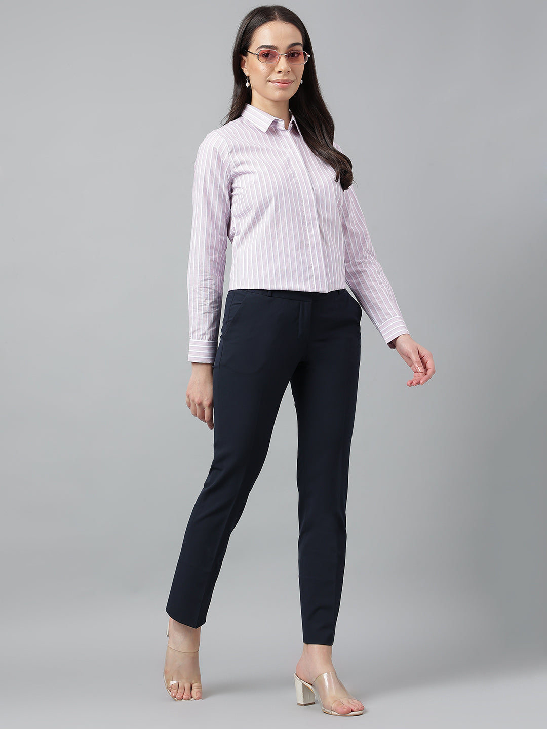 Women White & Blue Stripes Pure Cotton Regular Fit Formal Shirt