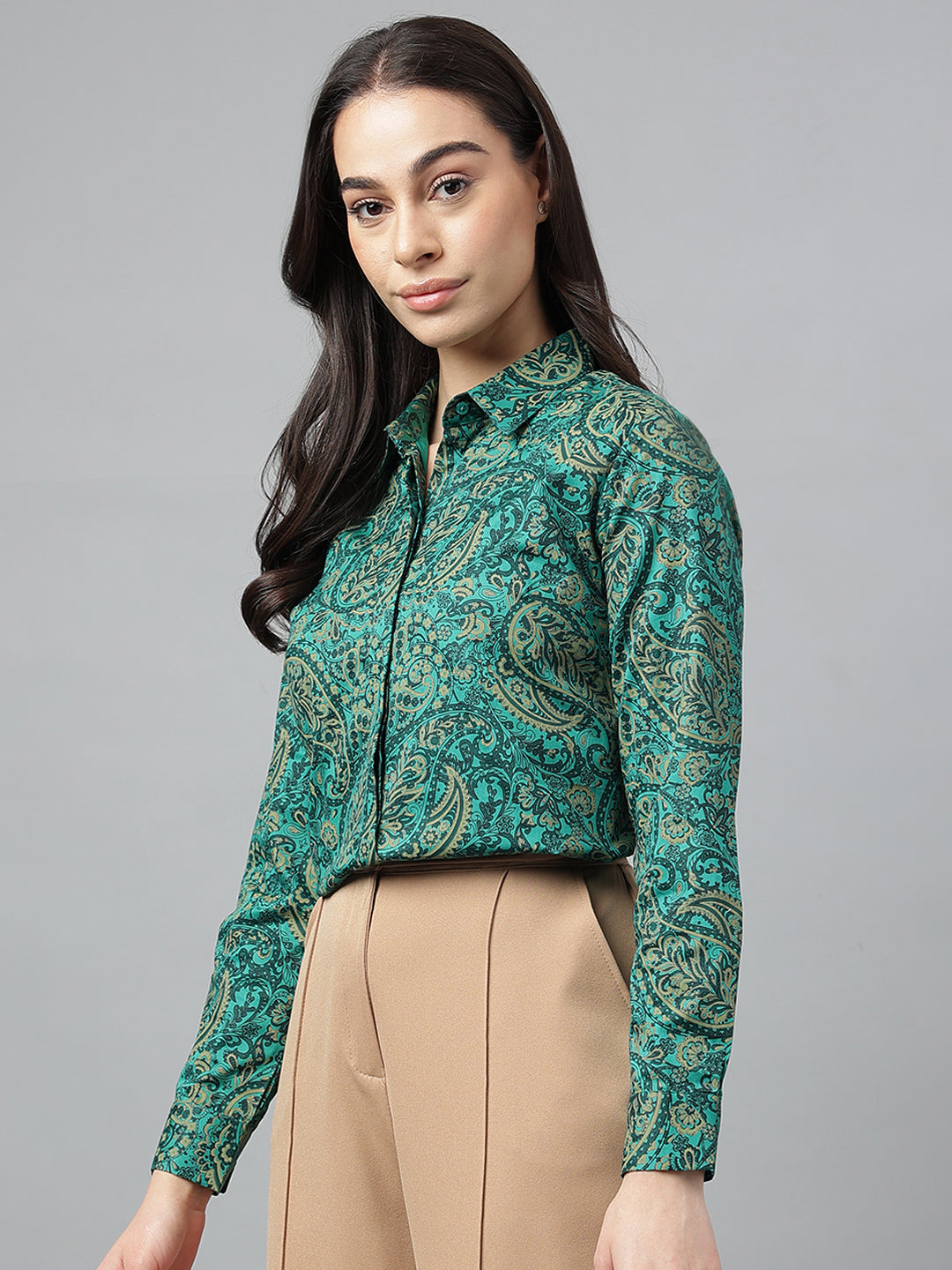 Women Green & Beige Prints Pure Cotton Regular Fit Formal Shirt