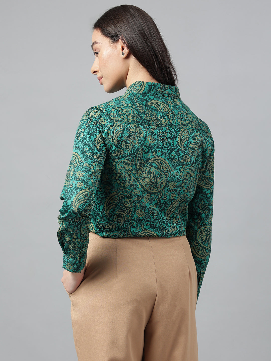 Women Green & Beige Prints Pure Cotton Regular Fit Formal Shirt