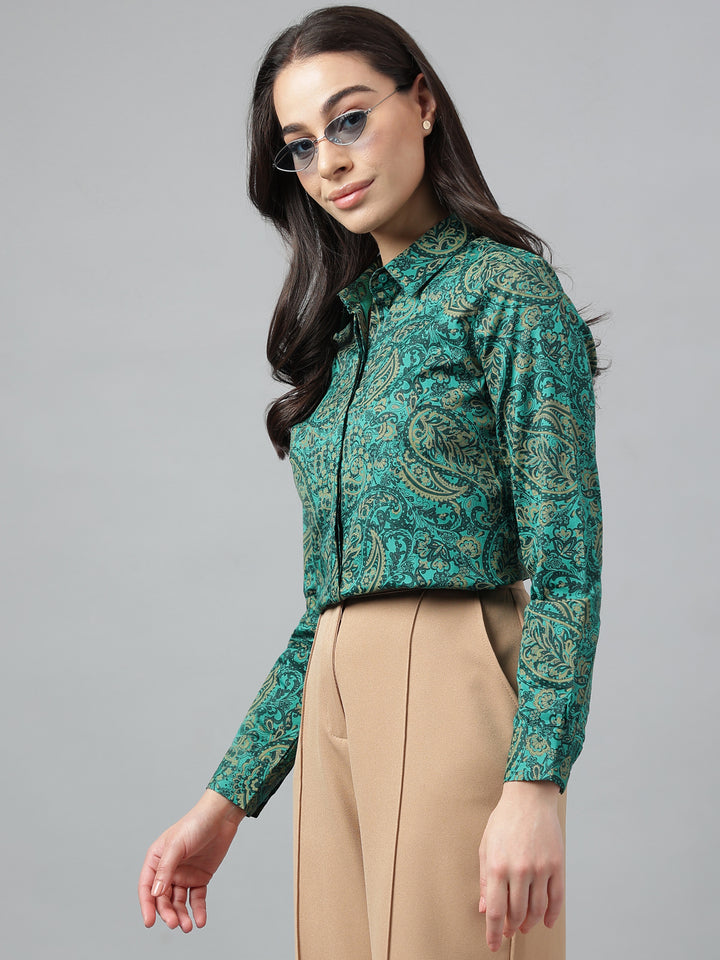 Women Green & Beige Prints Pure Cotton Regular Fit Formal Shirt