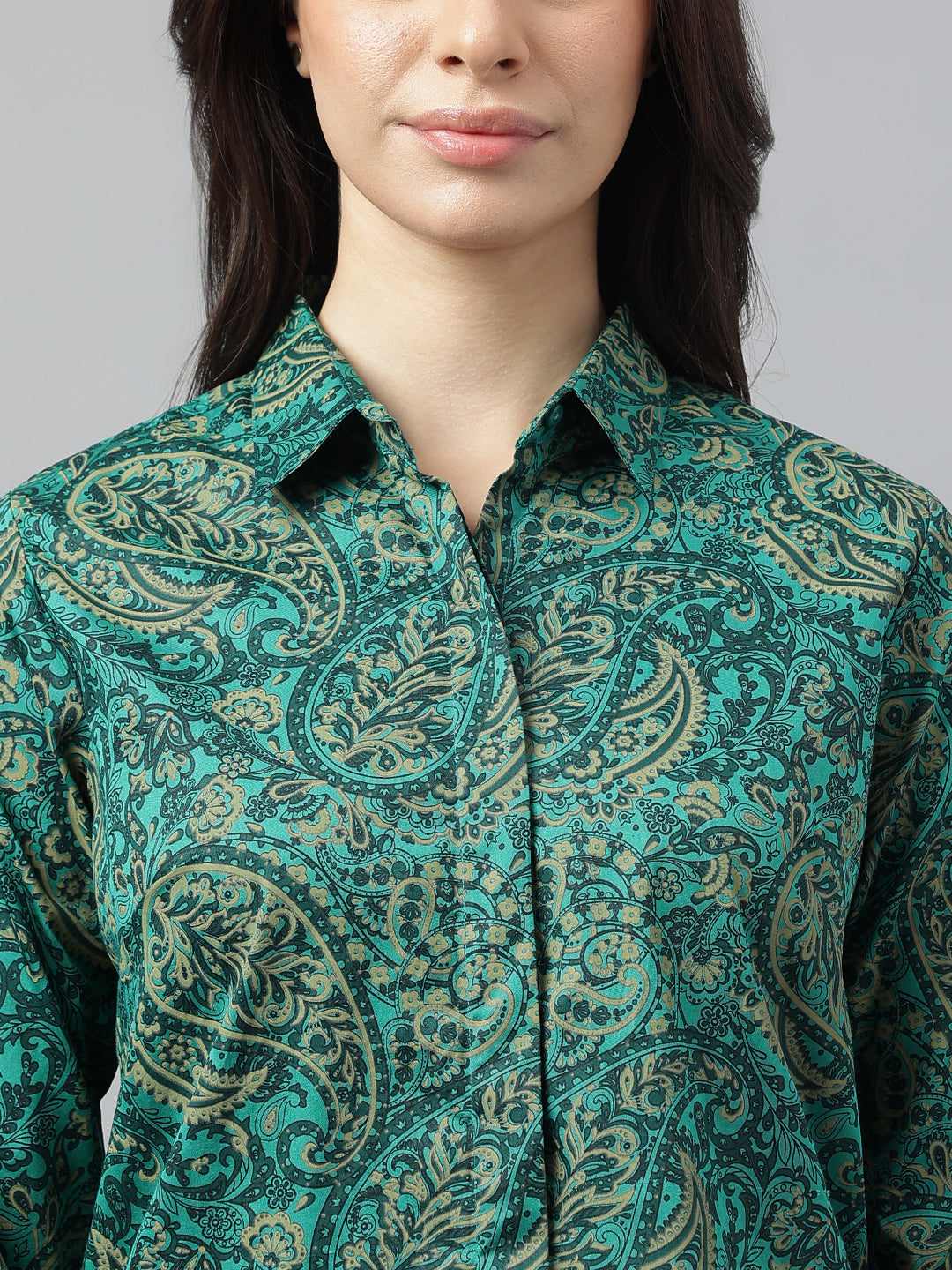 Women Green & Beige Prints Pure Cotton Regular Fit Formal Shirt