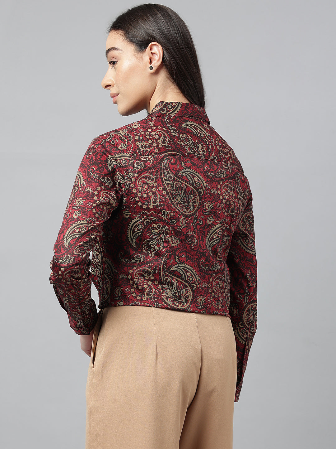 Women Maroon & Beige Prints Pure Cotton Regular Fit Formal Shirt