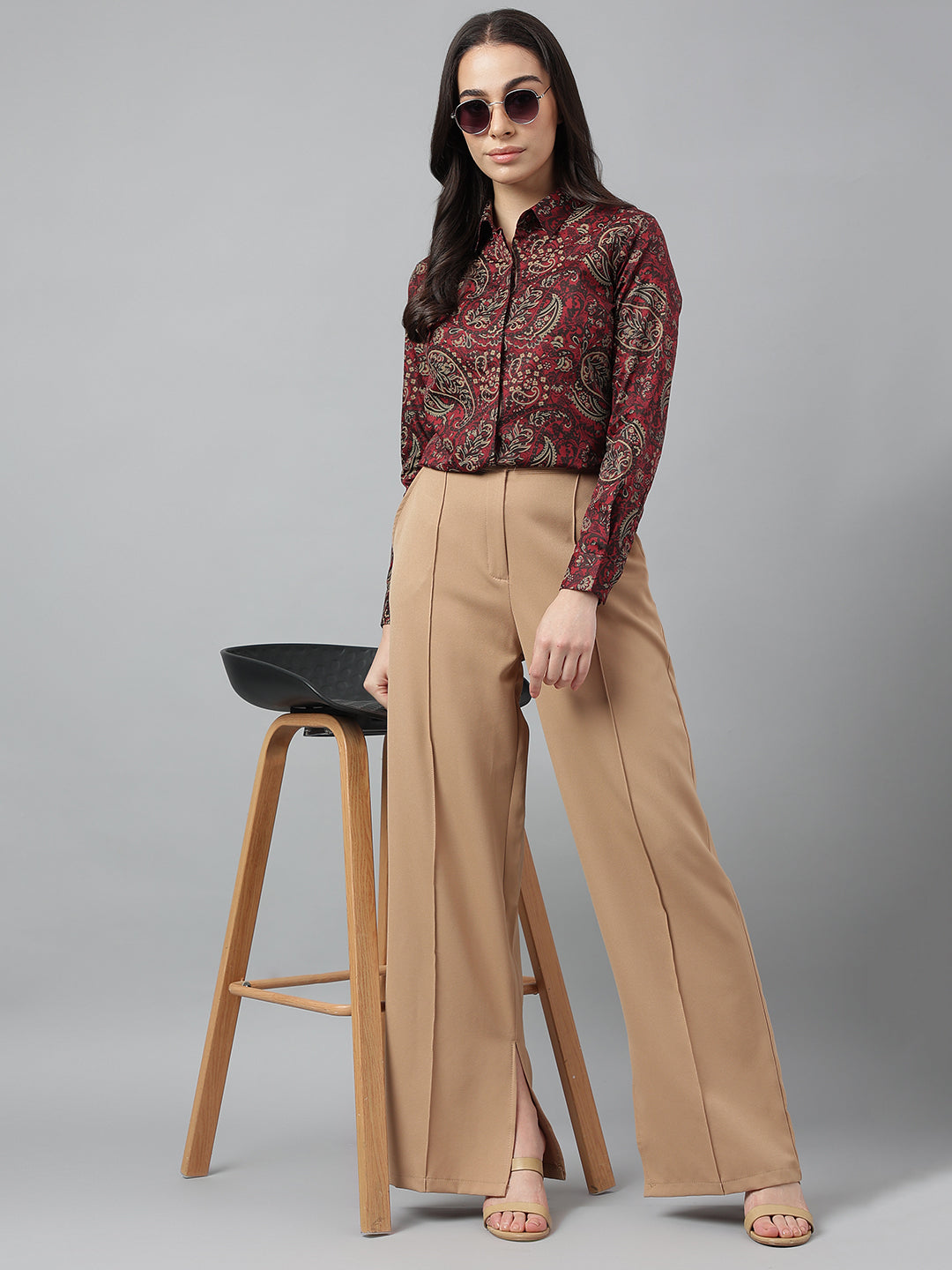 Women Maroon & Beige Prints Pure Cotton Regular Fit Formal Shirt