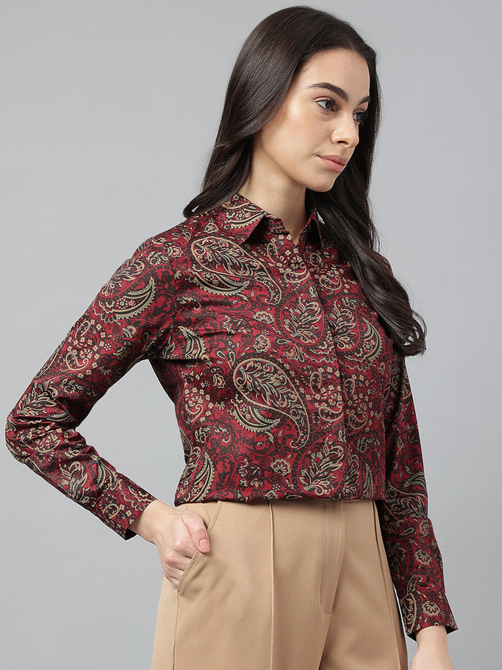 Women Maroon & Beige Prints Pure Cotton Regular Fit Formal Shirt