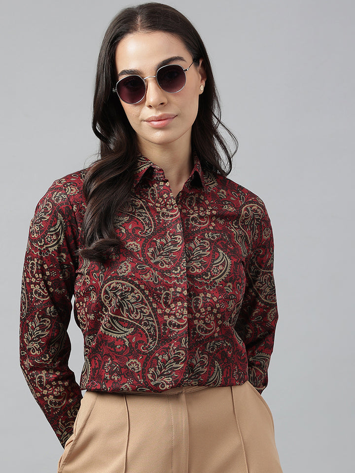 Women Maroon & Beige Prints Pure Cotton Regular Fit Formal Shirt