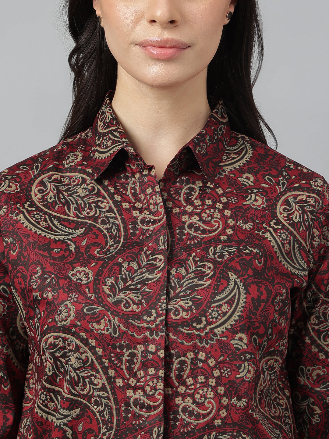 Women Maroon & Beige Prints Pure Cotton Regular Fit Formal Shirt