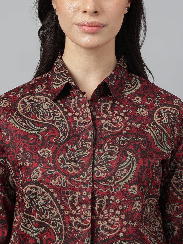 Women Maroon & Beige Prints Pure Cotton Regular Fit Formal Shirt