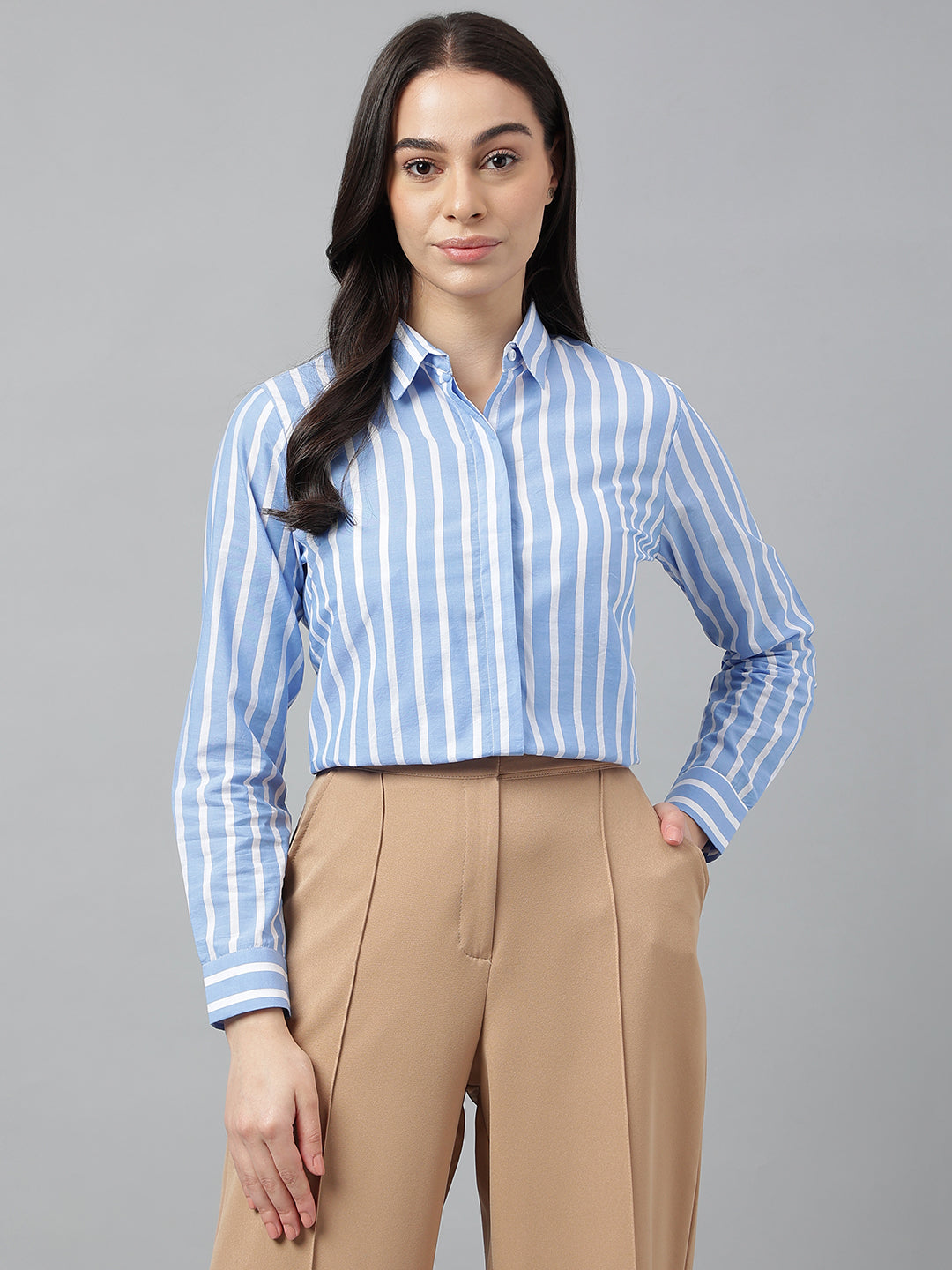 Women Blue &White Stripes Viscose Rayon Regular Fit Formal Shirt