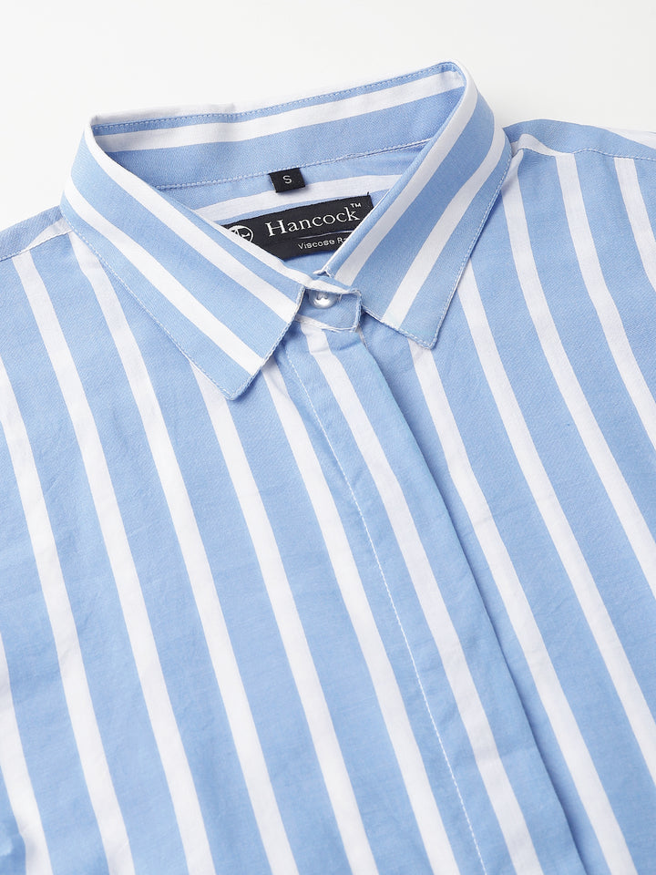 Women Blue &White Stripes Viscose Rayon Regular Fit Formal Shirt