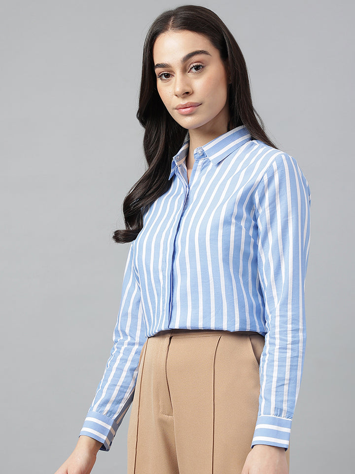 Women Blue &White Stripes Viscose Rayon Regular Fit Formal Shirt