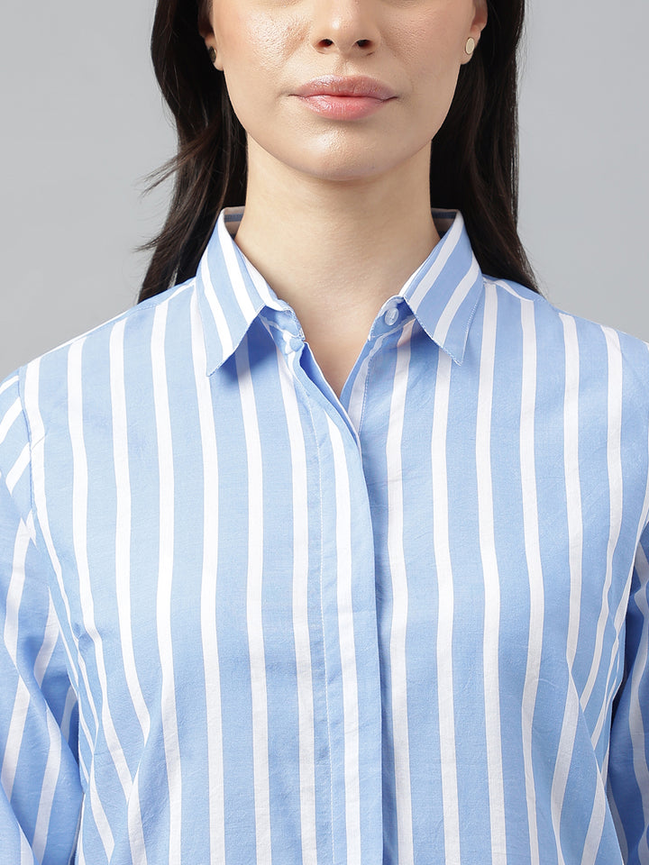 Women Blue &White Stripes Viscose Rayon Regular Fit Formal Shirt