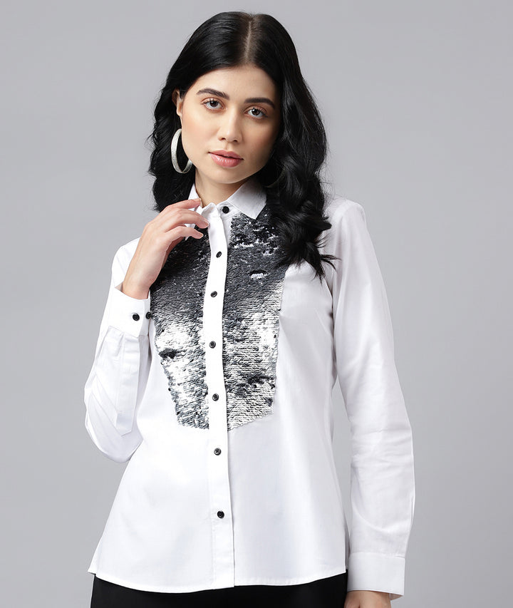 Women White Solid Sequined Emblished Pure Cotton Regular Fit Party Shirt