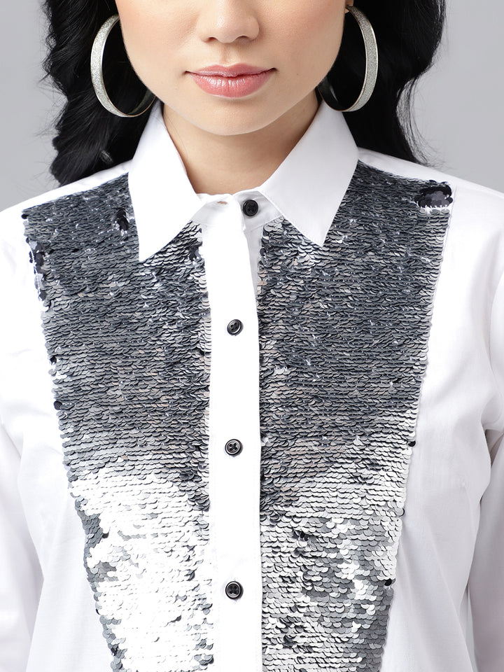 Women White Solid Sequined Emblished Pure Cotton Regular Fit Party Shirt