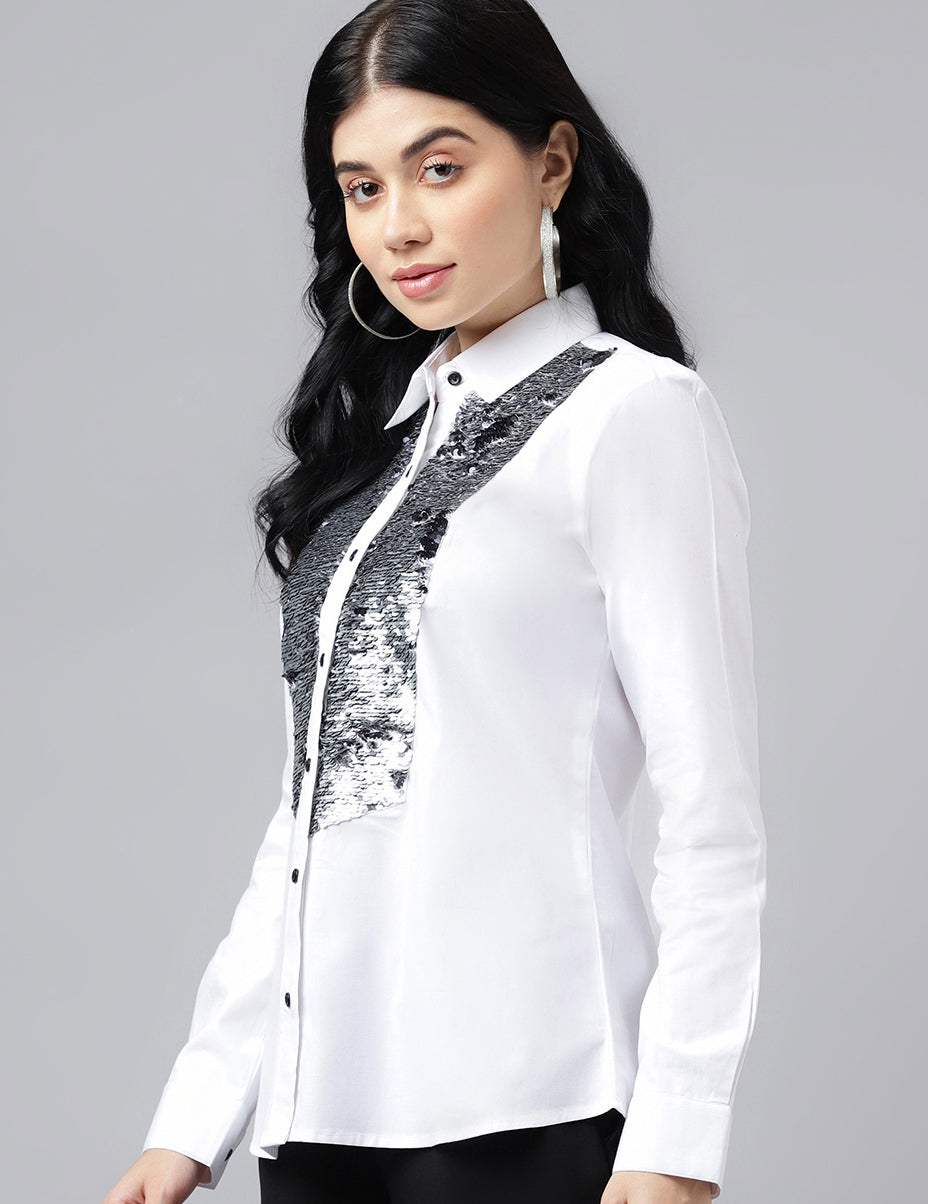 Women White Solid Sequined Emblished Pure Cotton Regular Fit Party Shirt