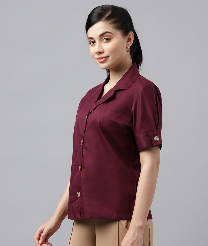 Women Burgundy Solid Pure Cotton Lapel Collar Regular Fit Formal Shirt