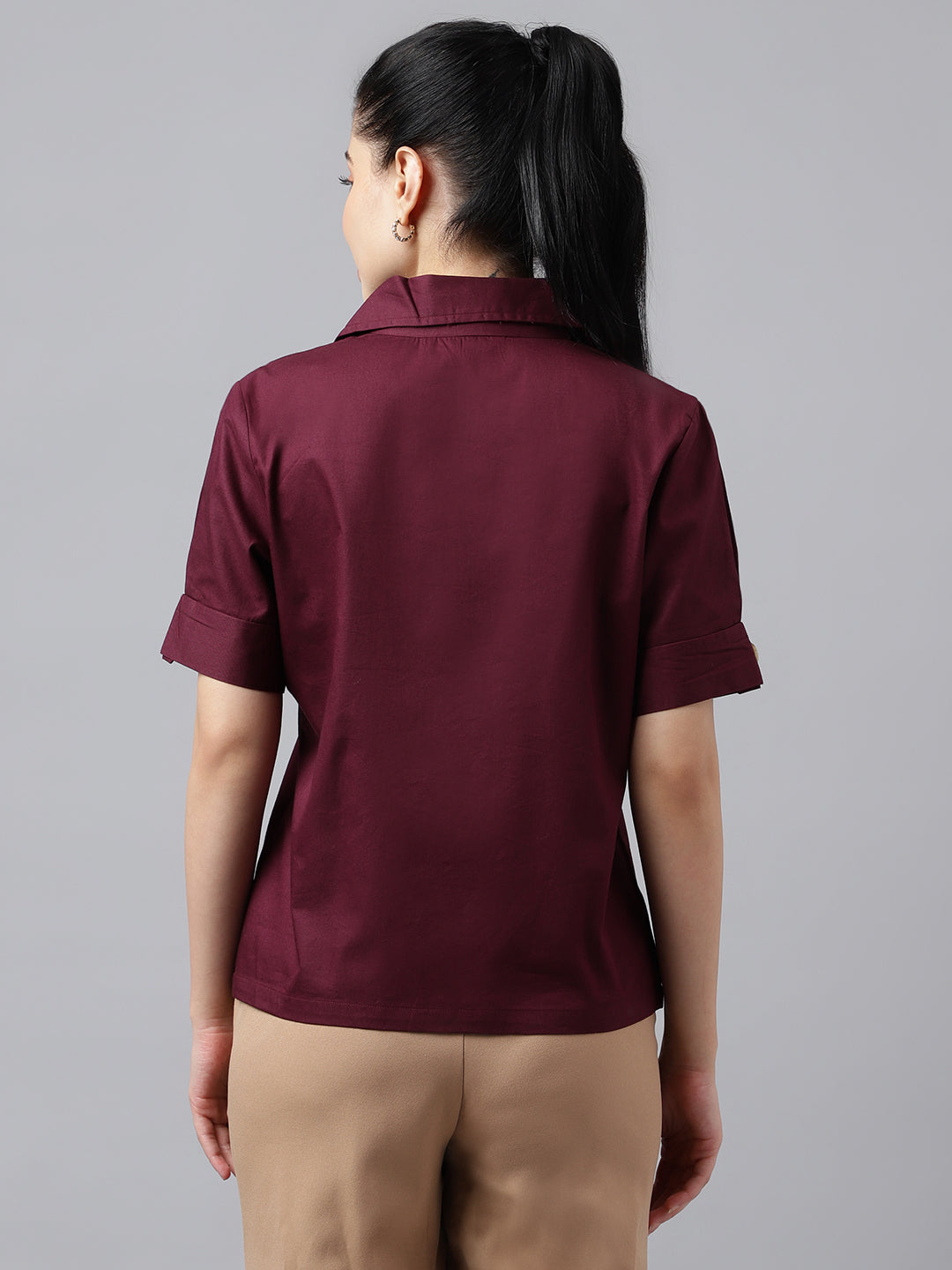 Women Burgundy Solid Pure Cotton Lapel Collar Regular Fit Formal Shirt