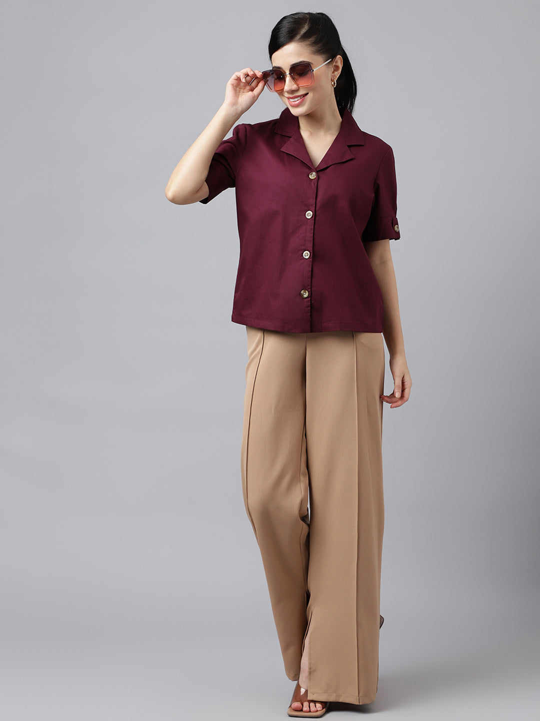 Women Burgundy Solid Pure Cotton Lapel Collar Regular Fit Formal Shirt