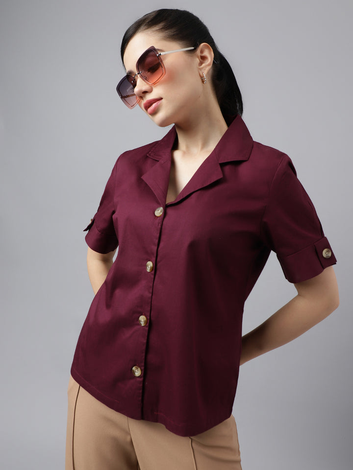 Women Burgundy Solid Pure Cotton Lapel Collar Regular Fit Formal Shirt