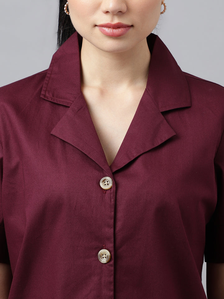 Women Burgundy Solid Pure Cotton Lapel Collar Regular Fit Formal Shirt