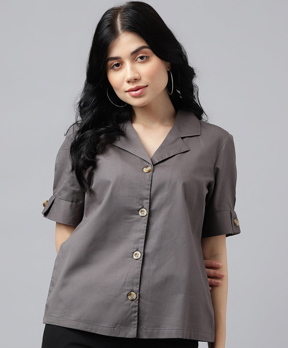 Women Dark Grey Solid Pure Cotton Lapel Collar Regular Fit Formal Shirt