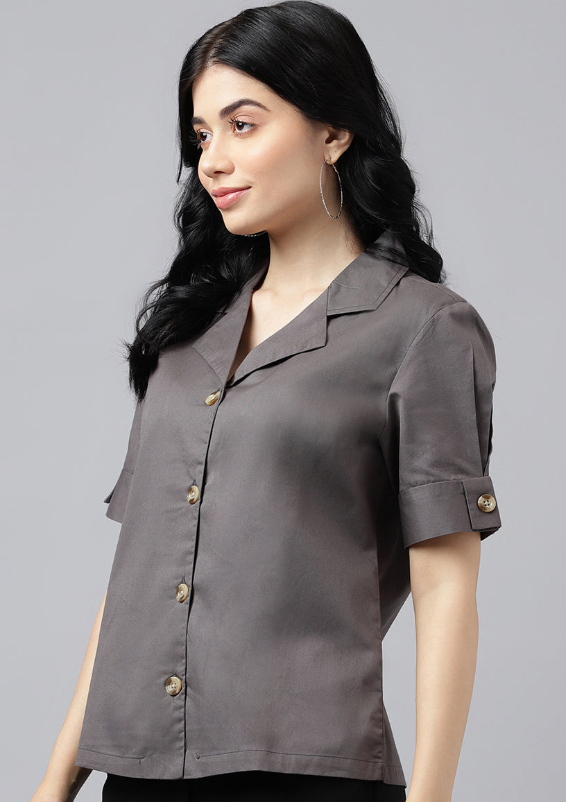 Women Dark Grey Solid Pure Cotton Lapel Collar Regular Fit Formal Shirt