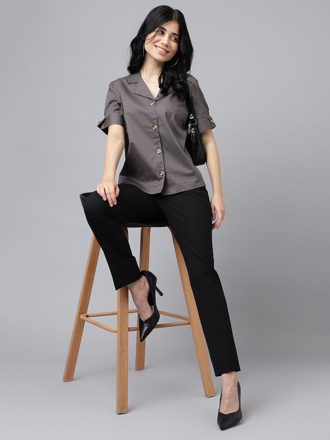 Hancock Women Dark Grey Solid Pure Cotton Lapel Collar Regular Fit Formal Shirt Hancock Women Dark Grey Solid Pure Cotton Lapel Collar Regular Fit Formal Shirt