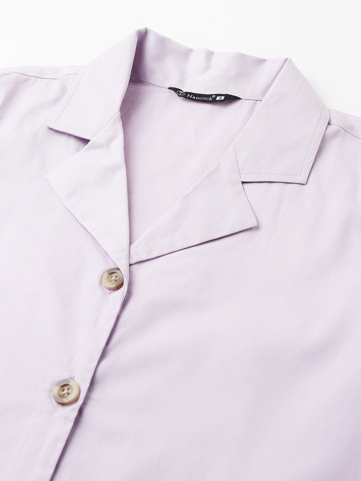 Women Lavender Solid Pure Cotton Lapel Collar Regular Fit Formal Shirt