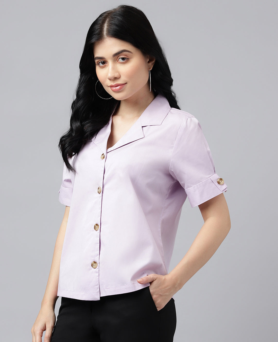 Women Lavender Solid Pure Cotton Lapel Collar Regular Fit Formal Shirt