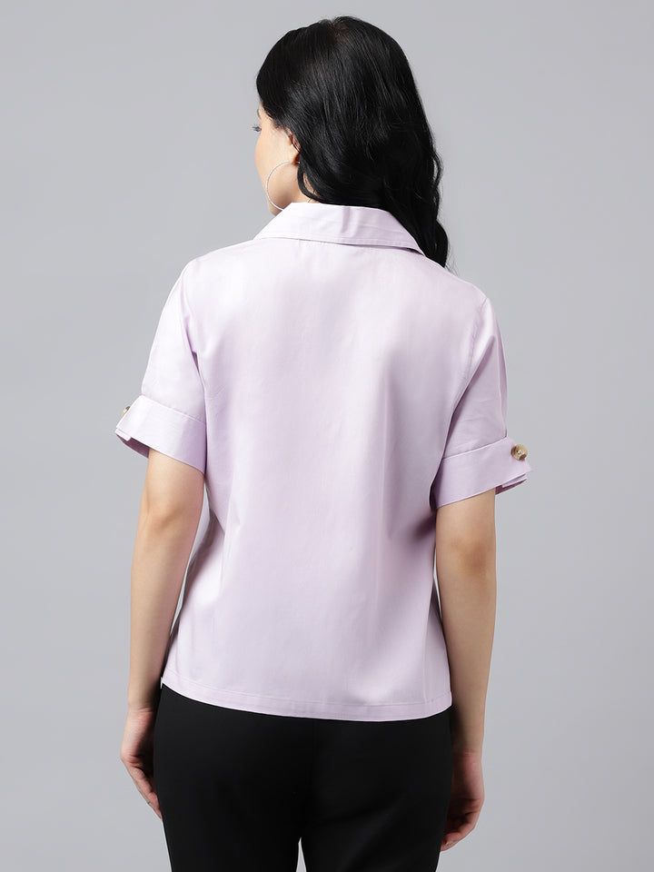 Women Lavender Solid Pure Cotton Lapel Collar Regular Fit Formal Shirt