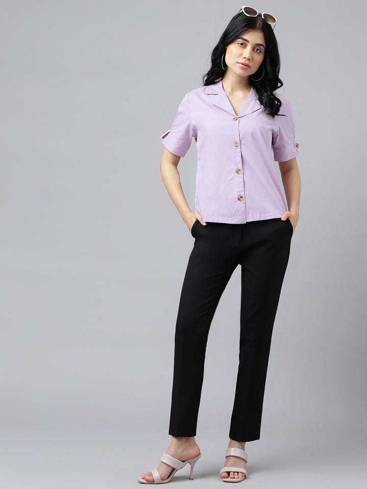 Women Lavender Solid Pure Cotton Lapel Collar Regular Fit Formal Shirt