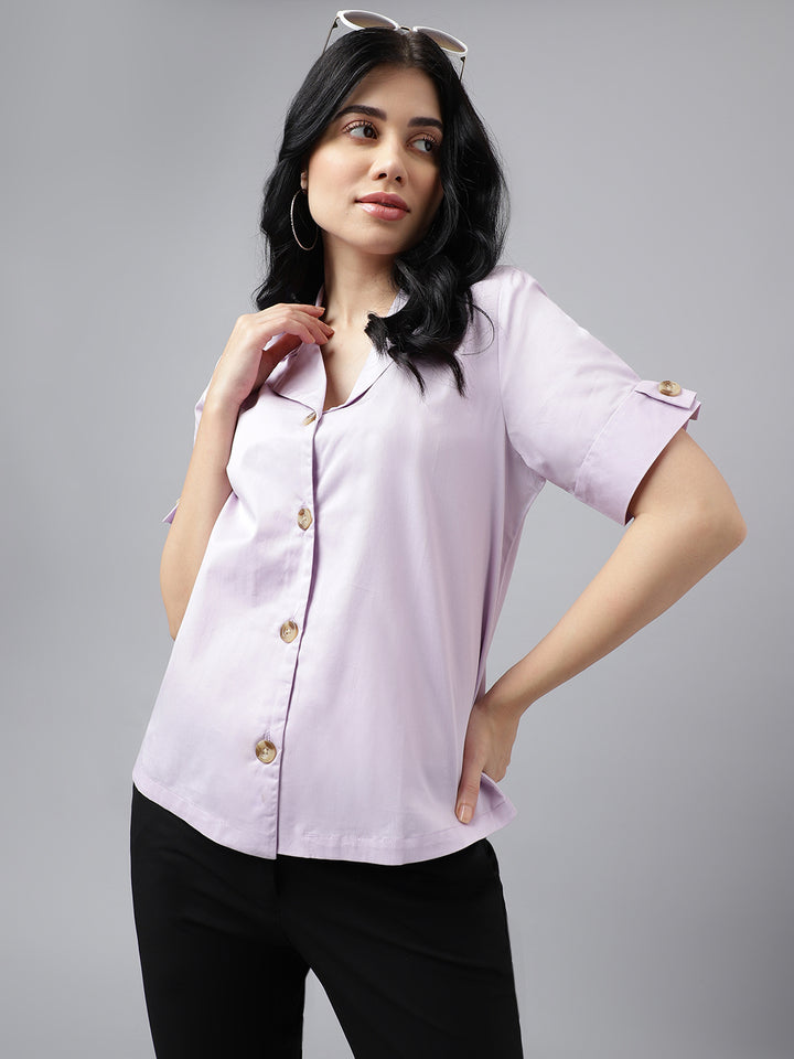 Women Lavender Solid Pure Cotton Lapel Collar Regular Fit Formal Shirt