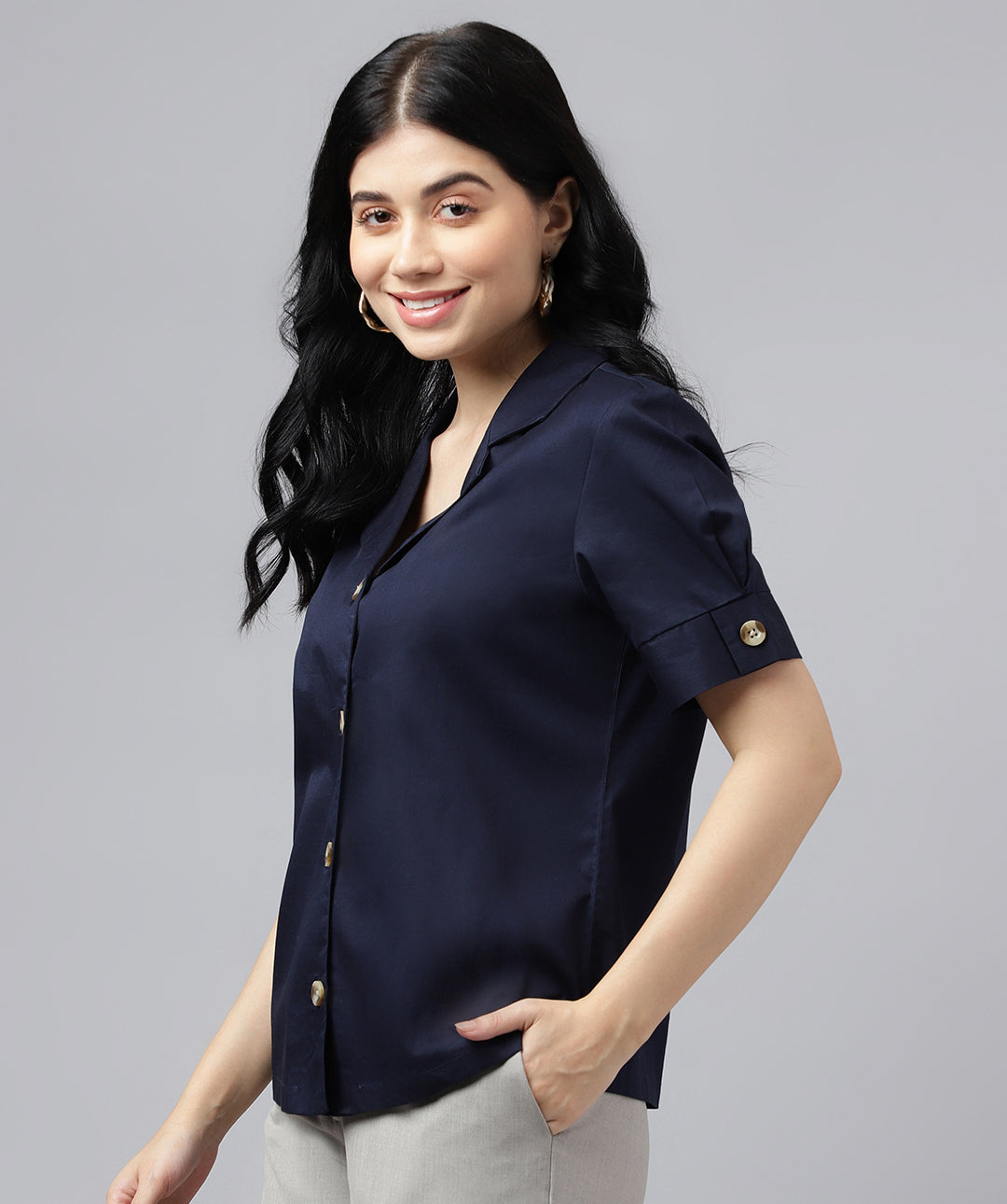 Women Navy Blue Solid Pure Cotton Lapel Collar Regular Fit Formal Shirt