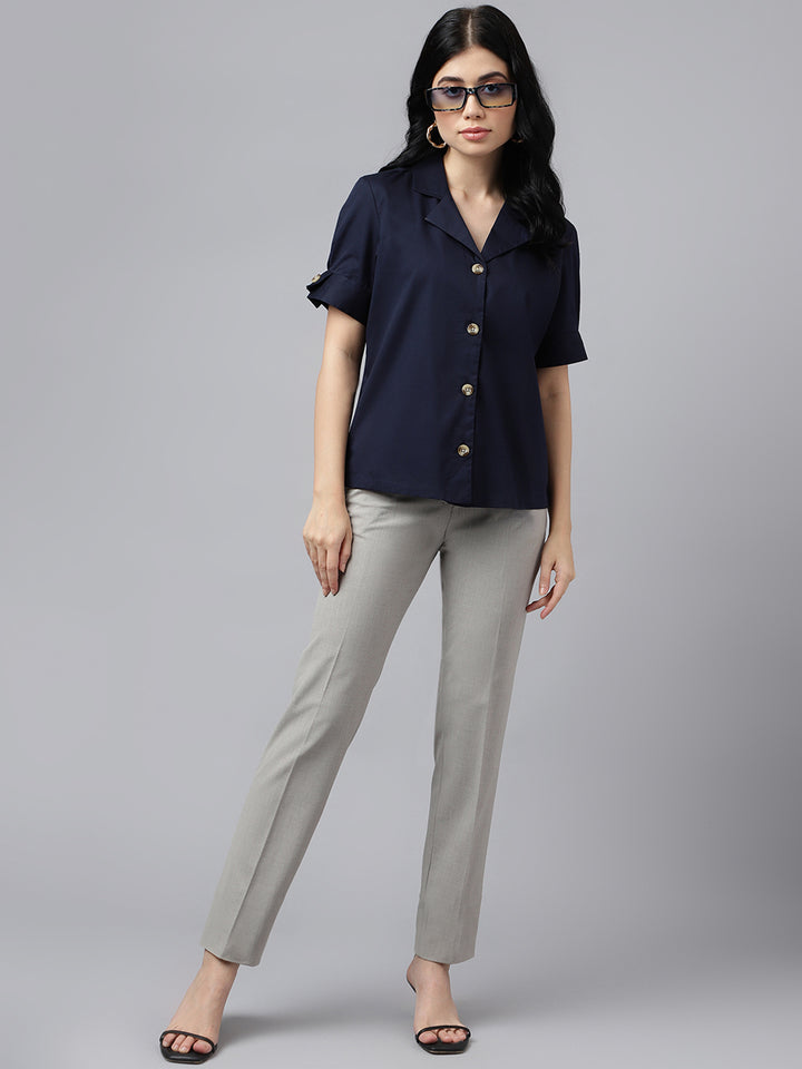 Women Navy Blue Solid Pure Cotton Lapel Collar Regular Fit Formal Shirt