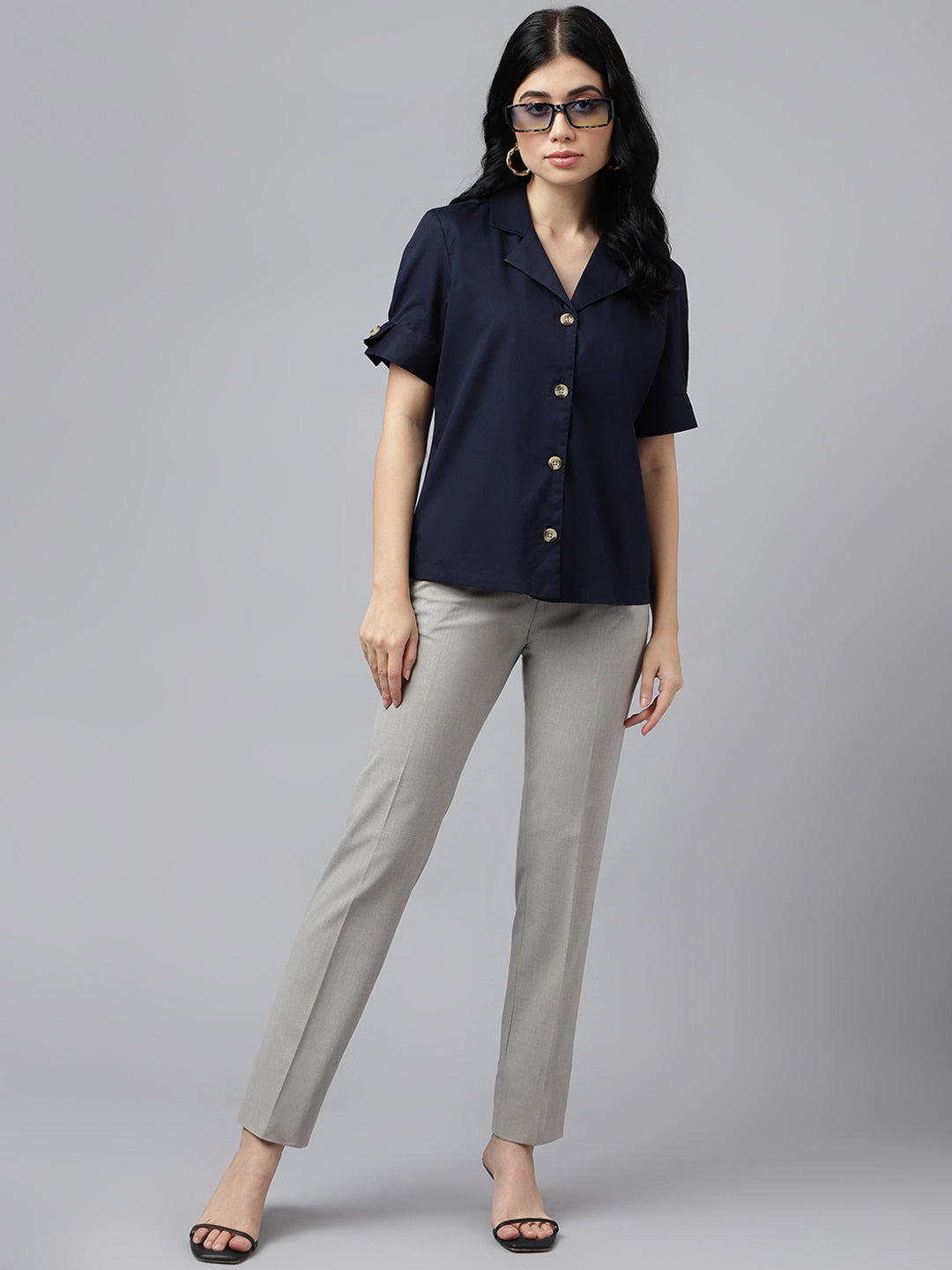 Hancock Women Navy Blue Solid Pure Cotton Lapel Collar Regular Fit Formal Shirt Hancock Women Navy Blue Solid Pure Cotton Lapel Collar Regular Fit Formal Shirt