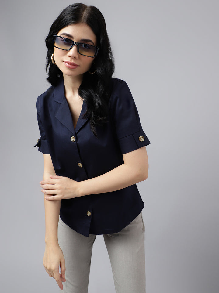 Women Navy Blue Solid Pure Cotton Lapel Collar Regular Fit Formal Shirt