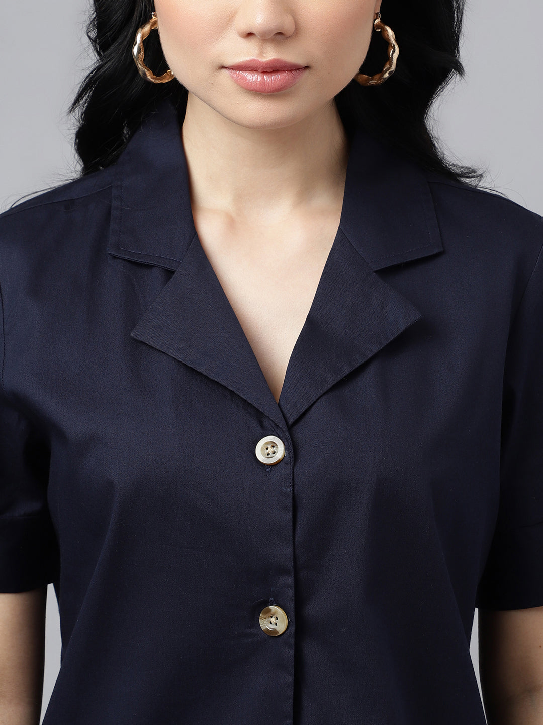 Women Navy Blue Solid Pure Cotton Lapel Collar Regular Fit Formal Shirt