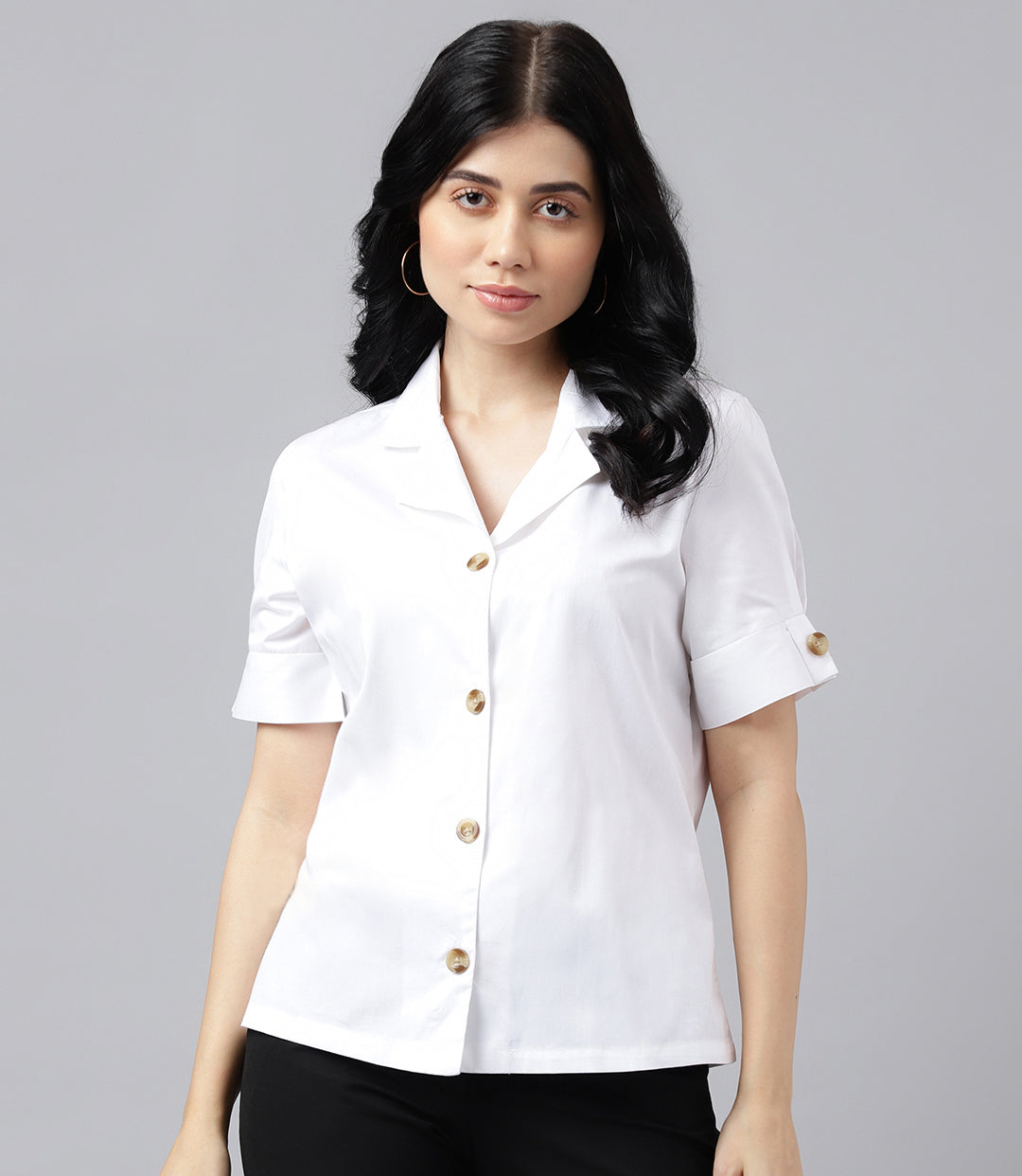 Women White Solid Pure Cotton Lapel Collar Regular Fit Formal Shirt