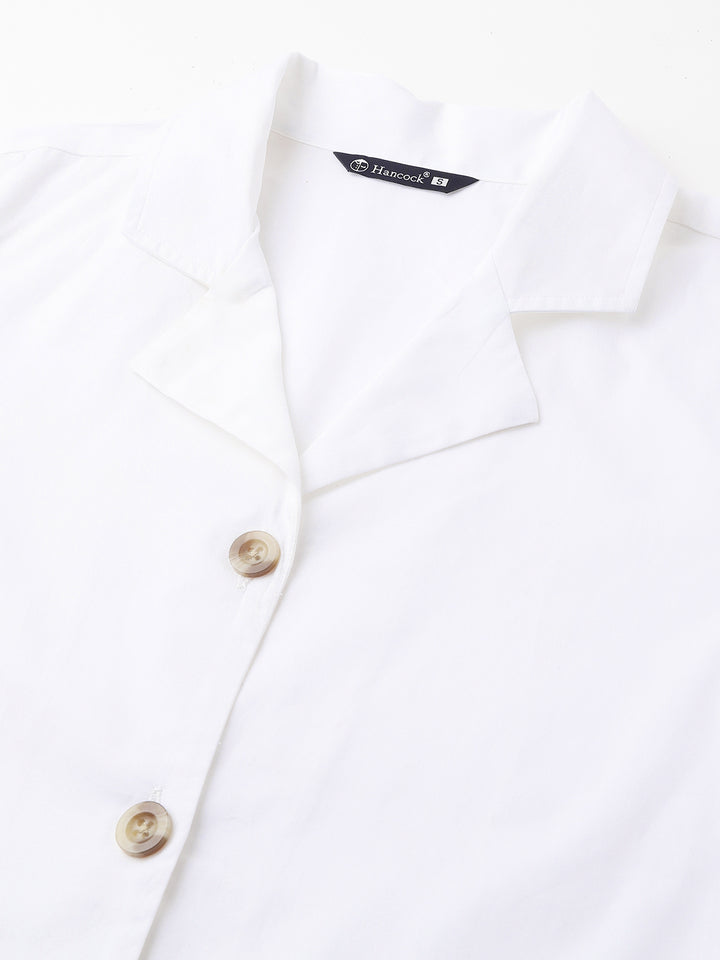 Women White Solid Pure Cotton Lapel Collar Regular Fit Formal Shirt