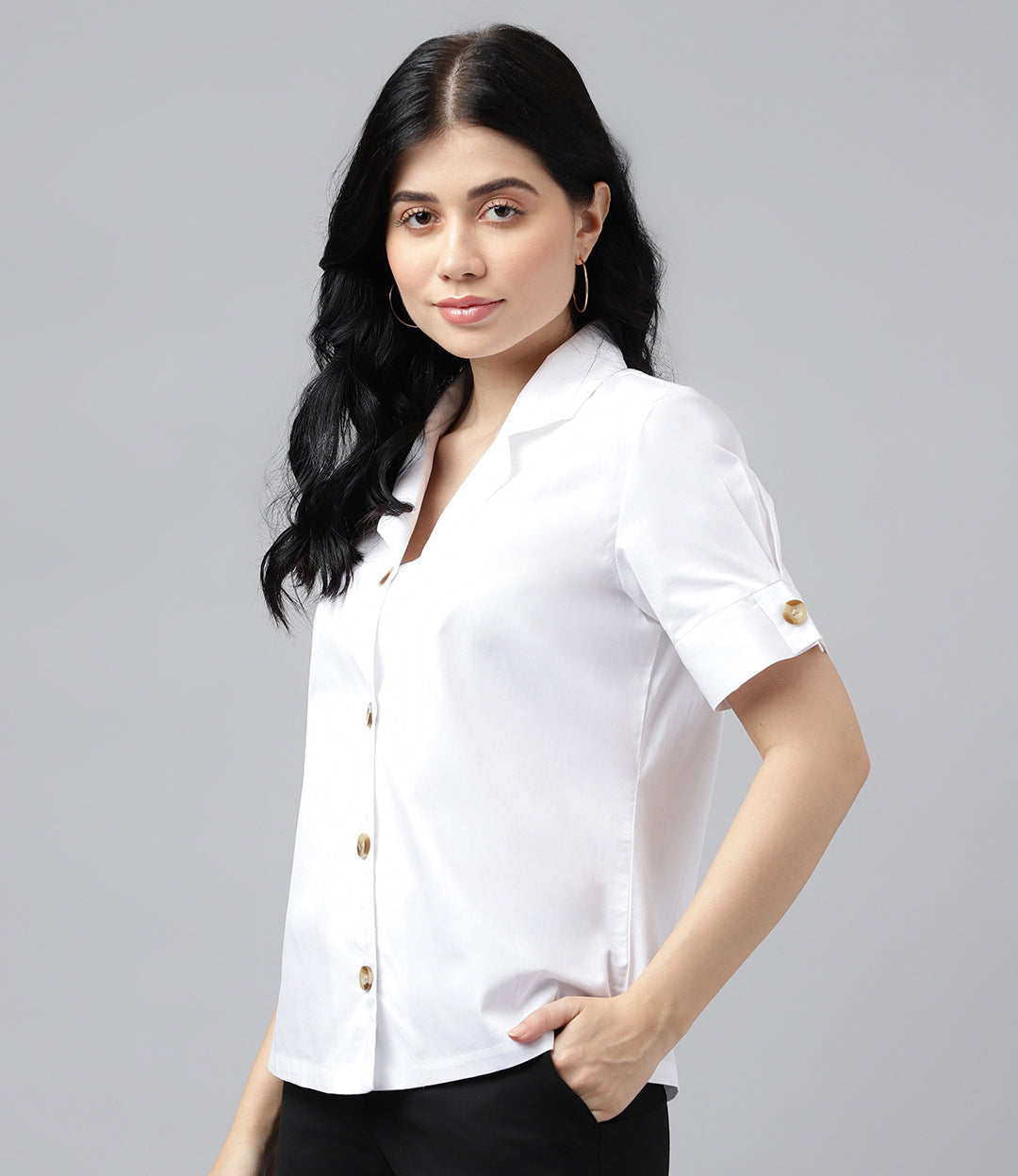 Women White Solid Pure Cotton Lapel Collar Regular Fit Formal Shirt