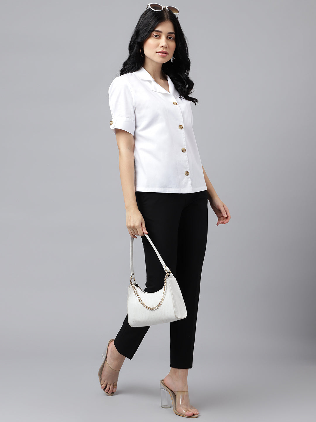 Women White Solid Pure Cotton Lapel Collar Regular Fit Formal Shirt