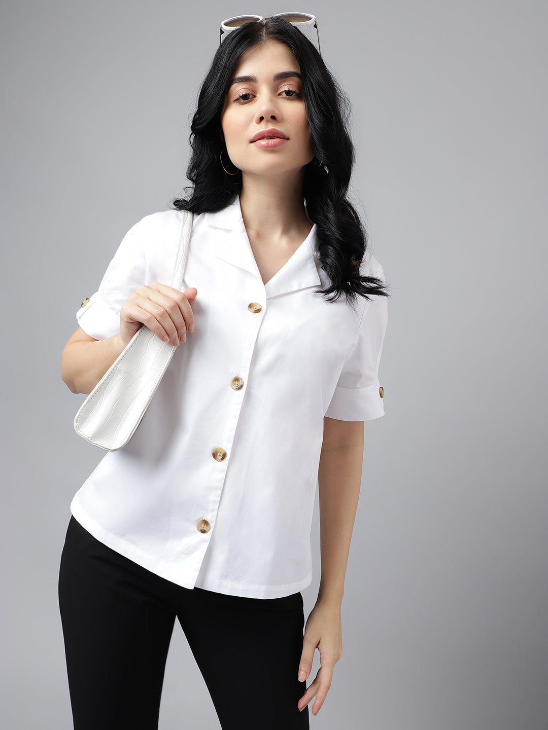 Women White Solid Pure Cotton Lapel Collar Regular Fit Formal Shirt