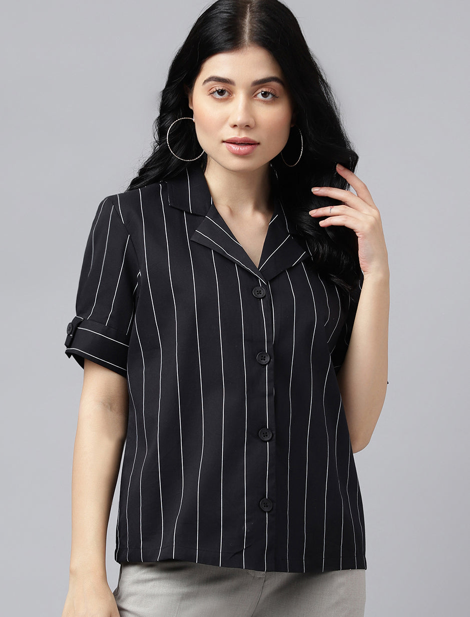 Women Black Stripe Pure Cotton Lapel Collar Regular Fit Formal Shirt