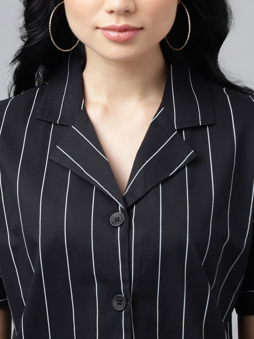 Women Black Stripe Pure Cotton Lapel Collar Regular Fit Formal Shirt