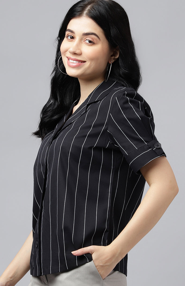 Women Black Stripe Pure Cotton Lapel Collar Regular Fit Formal Shirt